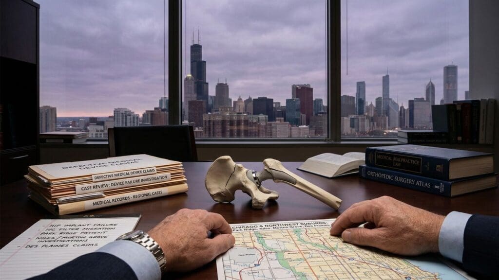 Chicago injury lawyer’s desk with medical device case files, orthopedic surgery atlases, and a hip implant model. First-person view shows active case review for defective medical device claims in Park Ridge, Niles, Morton Grove, and Des Plaines against the Chicago skyline.