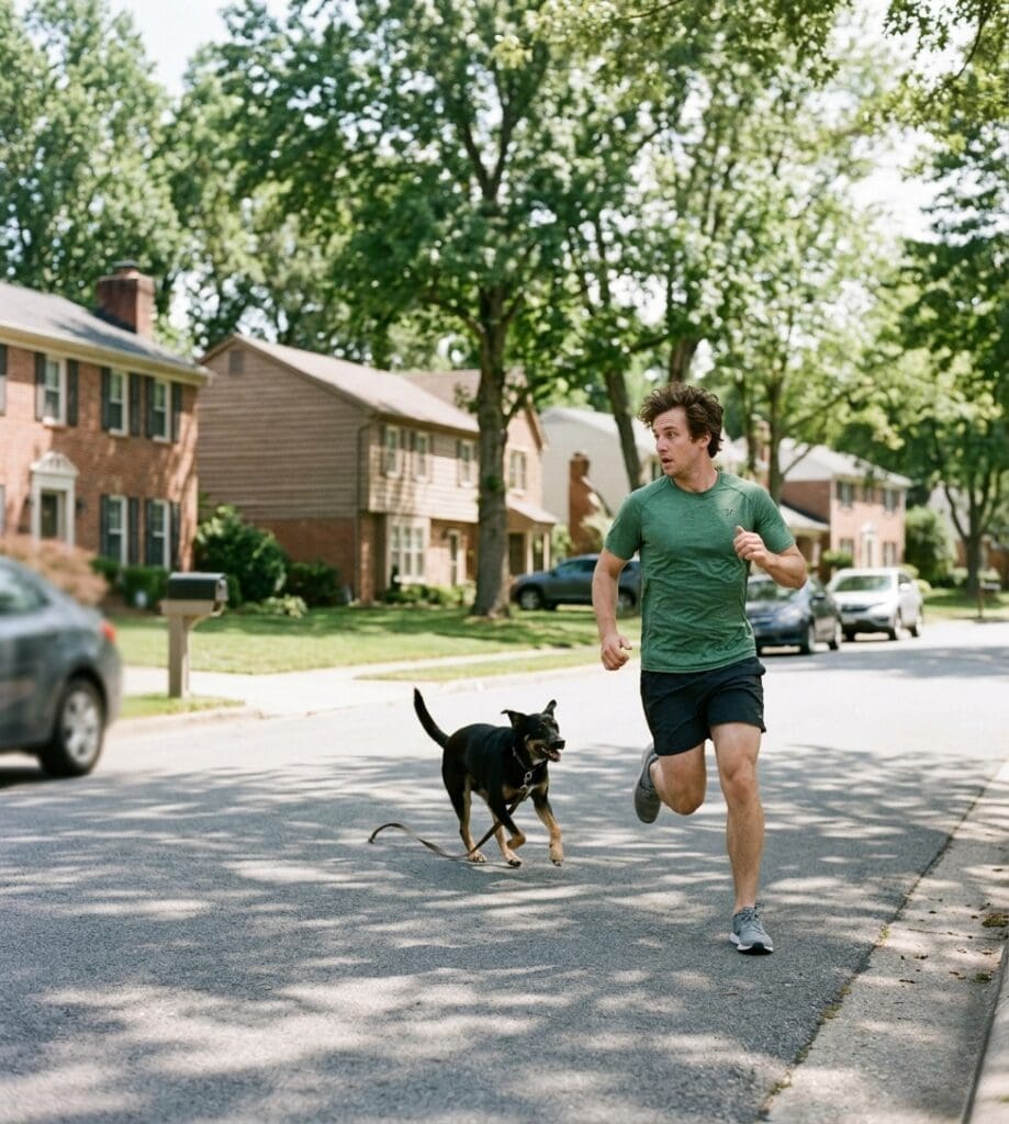 A distressed man in athletic wear runs down a residential Chicago street as an unleashed, aggressive dog chases closely behind him. This image captures the moment before a potential dog bite injury, highlighting the dangers of loose pets in suburban neighborhoods.