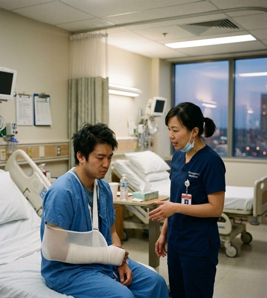 A somber man with his arm in a heavy cast and sling sits on a hospital bed in a Chicago emergency room while a nurse explains his treatment. This photo depicts the serious medical aftermath of a traumatic injury, such as a severe dog bite or animal attack, requiring professional legal and medical attention.