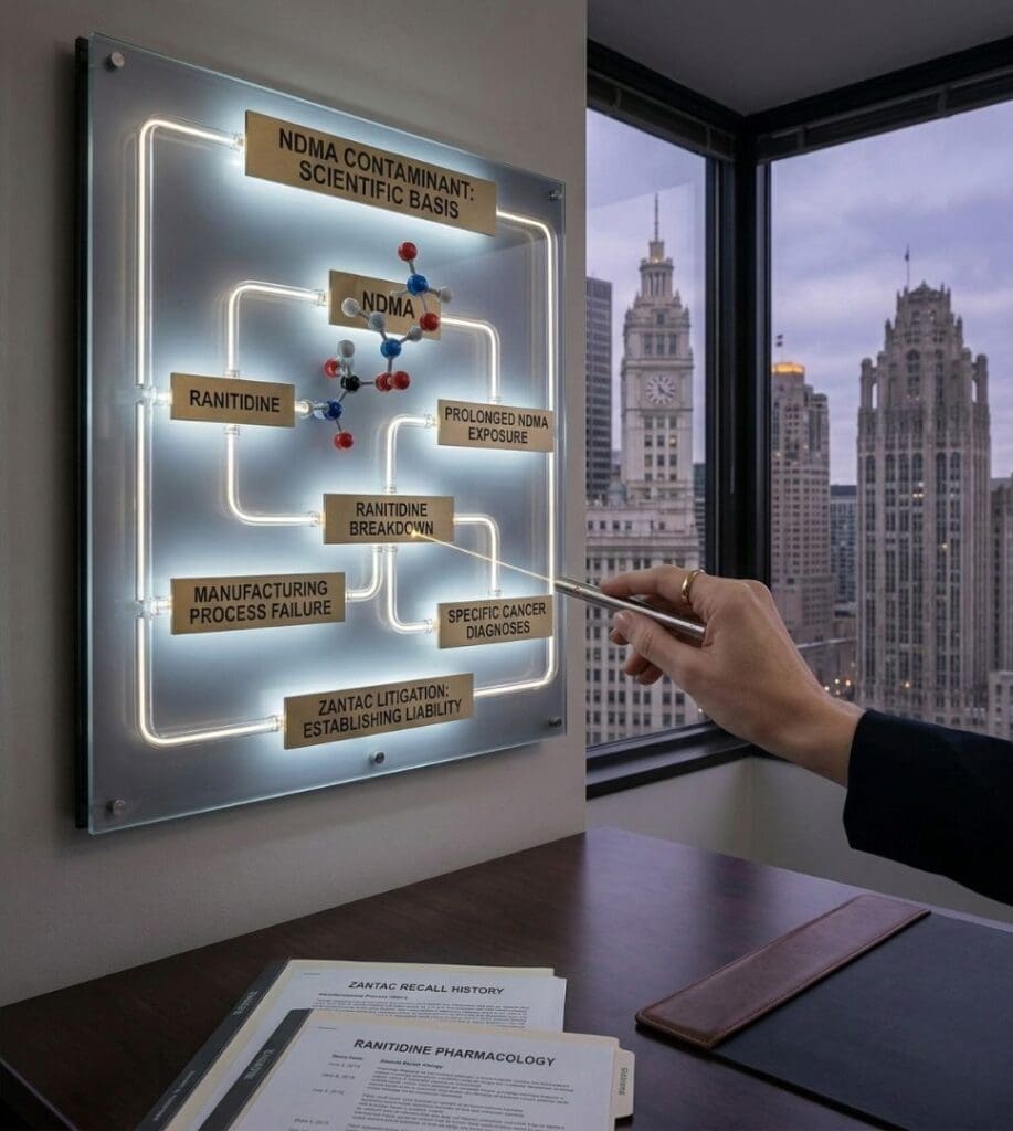 Chicago Zantac litigation attorney Peter Wachowski examines a legal-scientific model mapping ranitidine's NDMA contamination and cancer risk, illustrating the complex basis of liability, in his office overlooking the Chicago skyline