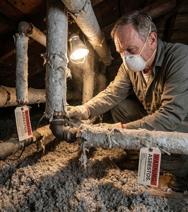 A worker wearing a basic dust mask inspects deteriorating, fibrous insulation on attic pipes. The high-risk setting shows airborne dust and crumbling material, illustrating the dangers of inadequate protection during asbestos exposure.