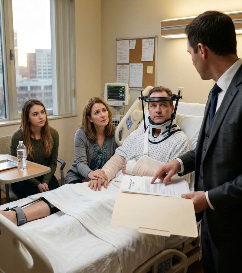 A man in a hospital bed wearing a neck brace and arm sling holds hands with a woman, while a young woman sits beside them and a man in a suit discusses documents with the family.