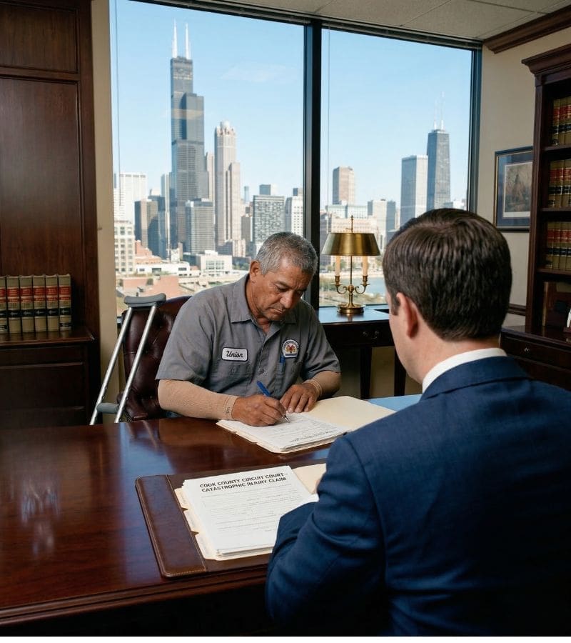 An injured worker in a gray uniform with an arm bandage and crutches signs legal documents in a wood-paneled office. A lawyer in a blue suit is seen from behind, sitting across the desk. Large windows in the background offer a clear view of the Chicago skyline and Willis Tower.