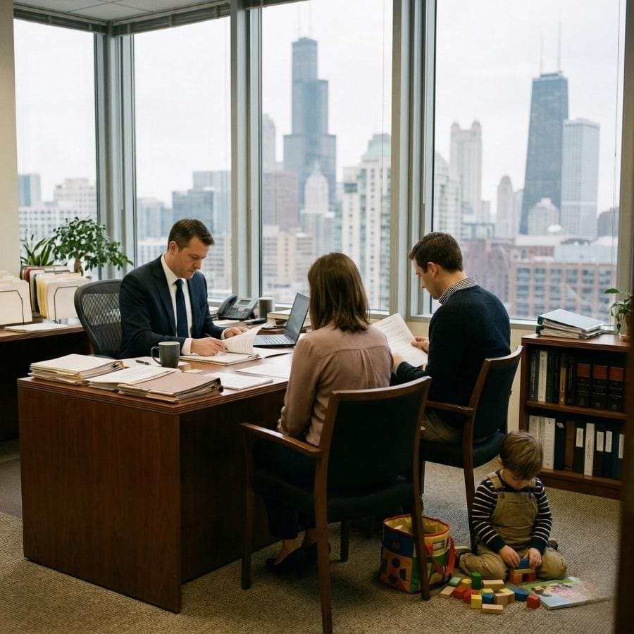 A male attorney reviews legal documents with a mother and father in a Chicago law office. Their young child plays with blocks on the floor nearby, representing a family legal consultation for a personal injury.