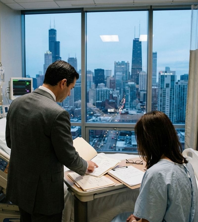 Chicago medical malpractice attorney reviews hospital records with an injured female patient. Professional legal consultation in a hospital room overlooking the Chicago skyline for a negligence claim.