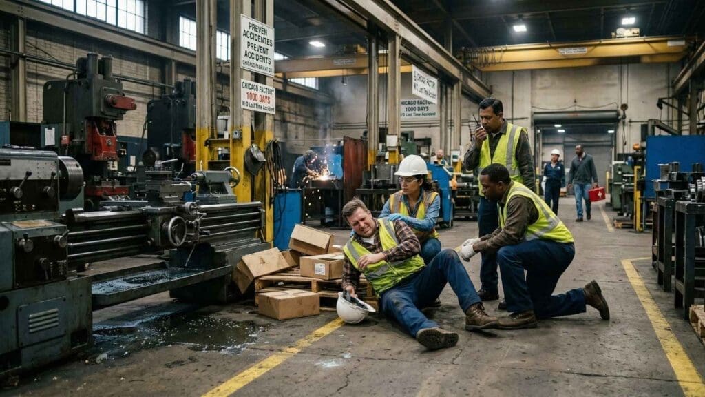 A male factory worker in Chicago sits on the floor in pain after a workplace accident. Concerned coworkers in safety vests rush to assist him, highlighting industrial personal injury and workers' compensation claims.