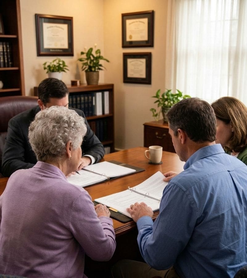 An attorney meets with an elderly woman and her family in a professional law office. The group is shown from behind as they review legal binders, representing a consultation for nursing home abuse or estate law.