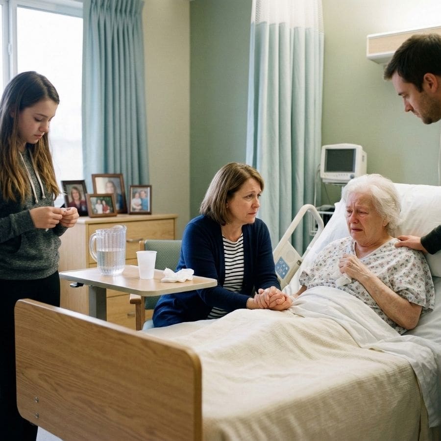 An elderly woman lies in a nursing home bed, distressed and clearly injured. Her family gathers beside her for support and comforting handshakes, indicating a serious issue of nursing home negligence or injury.
