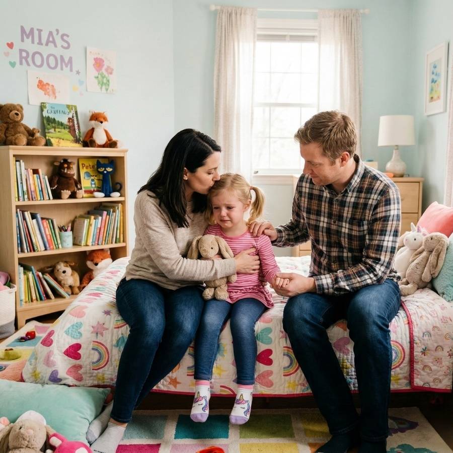 A mother and father sit on a bed in a bright, colorful bedroom, consoling their crying preschool-aged daughter. This emotional scene depicts family support following a traumatic event or daycare-related injury.