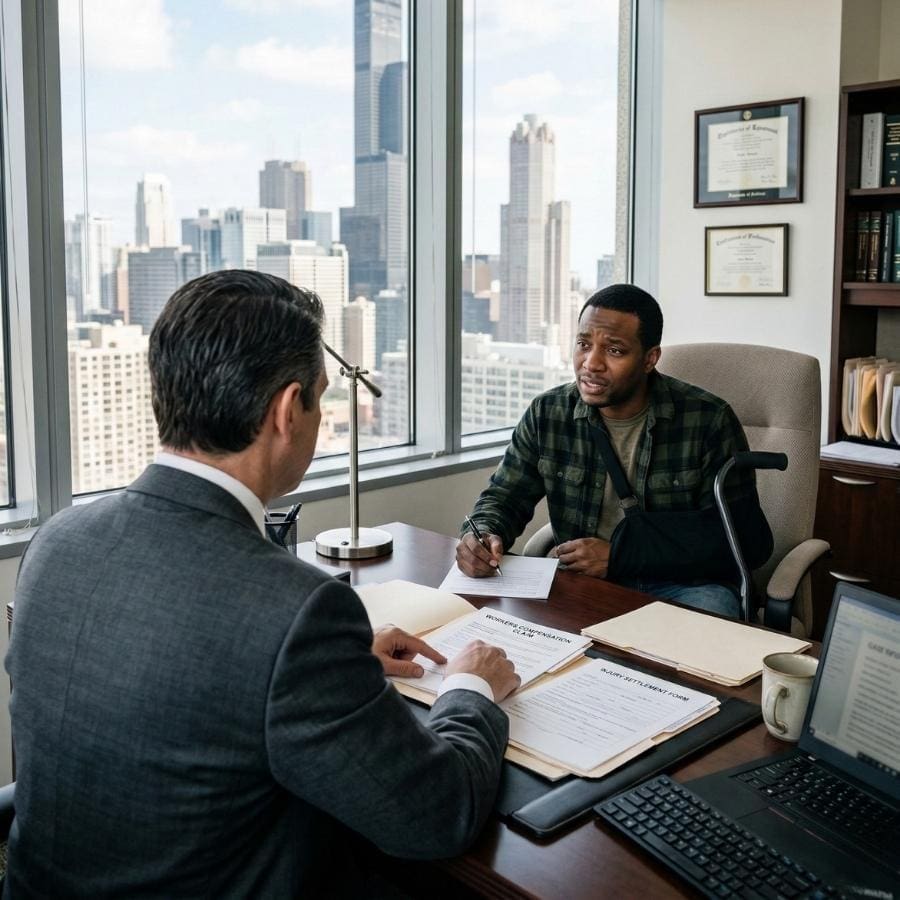 A male attorney with his back to the camera meets with an injured worker in a Chicago office. The worker, wearing an arm sling and with a crutch nearby, reviews legal documents against a backdrop of the city skyline.