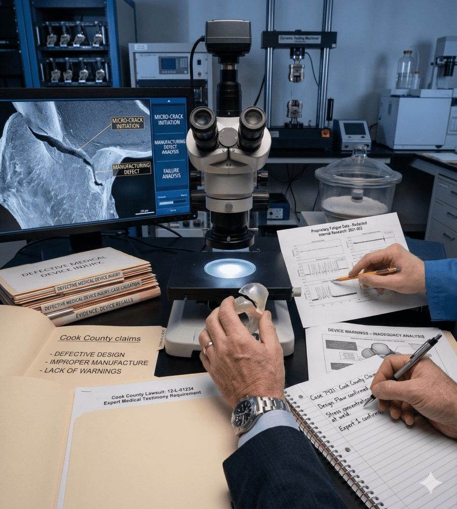 Legal and medical experts in a lab analyzing a defective hip implant under a microscope for a Cook County lawsuit. Investigation notes on design flaws and expert testimony requirements are visible, demonstrating deep technical analysis.