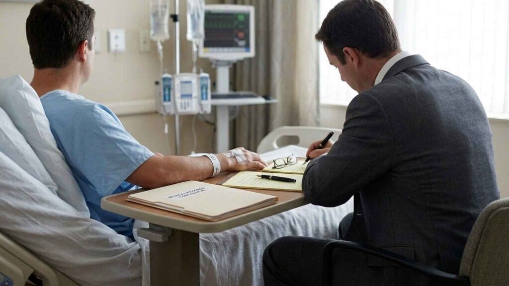Chicago medical malpractice attorney visits an injured patient in a hospital room to review medical records. Professional legal counsel for surgical errors and hospital negligence in Illinois.