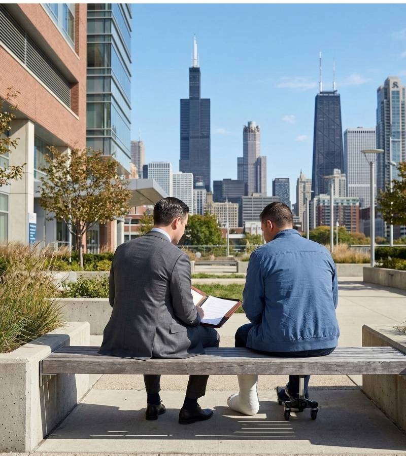 Chicago medical malpractice attorney meets with an injured male client on a bench outside a hospital. Behind them is the Chicago skyline as they review a legal case file for an Illinois injury claim.
