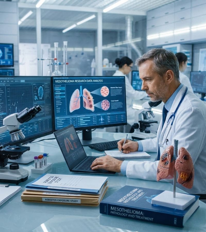 A male doctor in a white coat conducts mesothelioma research in a high-tech lab. He sits before monitors displaying lung data analysis, surrounded by medical textbooks and files labeled "Asbestos Exposure Study."