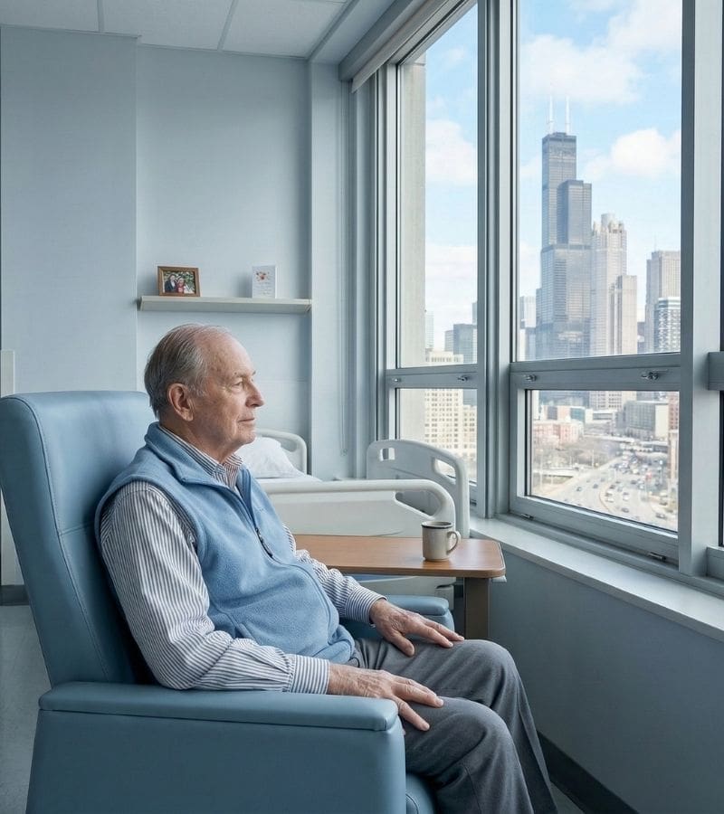 An elderly man sits in a sterile nursing home room, looking out a large window at the Chicago skyline. This image represents senior care and nursing home negligence concerns in urban Illinois facilities.