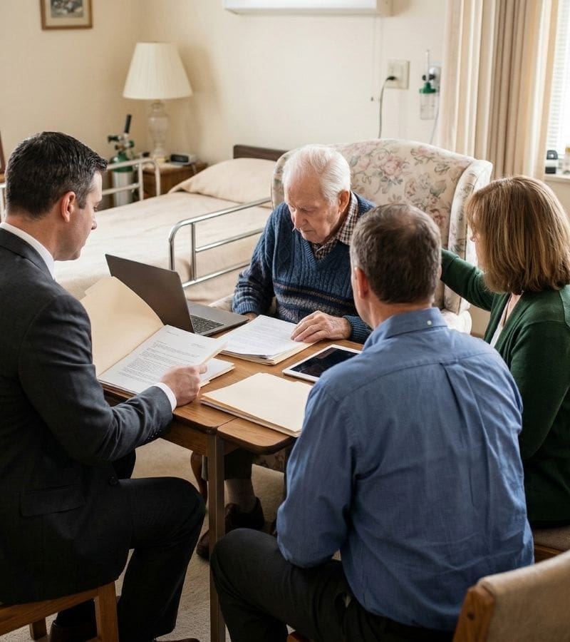 An elderly man and his family meet with a male attorney in a nursing home room to discuss legal matters. The group is viewed from behind as they review documents and a laptop, focusing on nursing home abuse advocacy.
