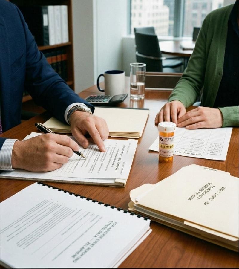 Chicago injury lawyer reviews medical records and prescription drug evidence during a client consultation. Professional legal meeting to discuss a pharmaceutical product liability claim in Illinois.