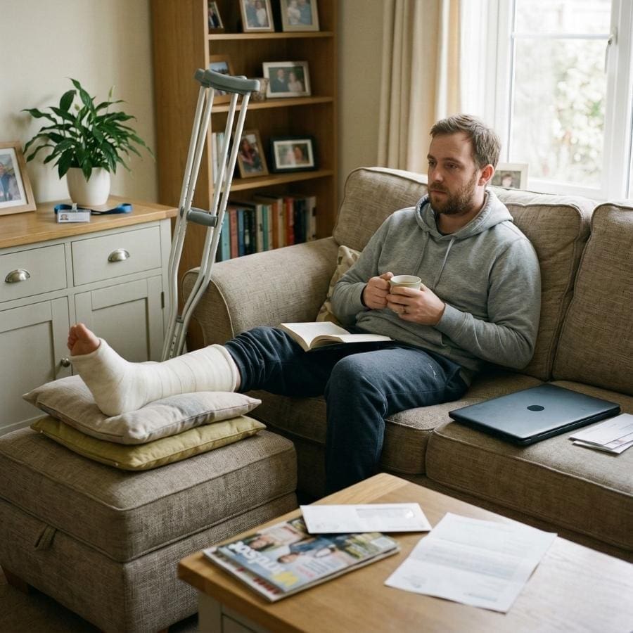 A man with a broken leg in a cast rests in his living room chair with crutches nearby. A laptop, medical paperwork, and pills sit on the table, illustrating the struggles of temporary disability and lost wages.