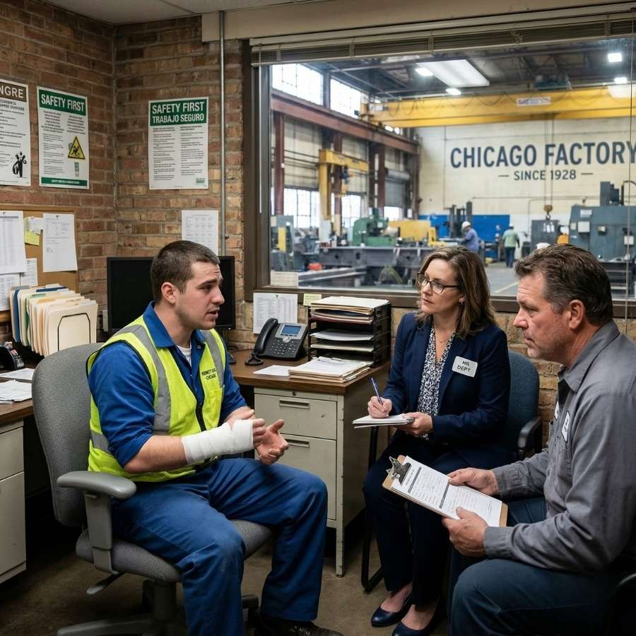 An injured male employee with a bandaged arm sits in a Chicago factory office, discussing his workplace injury with an HR representative and supervisor. The active factory floor is visible through a large glass window.