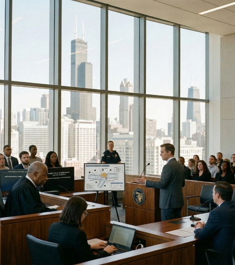 In a modern courtroom with floor-to-ceiling windows overlooking the Chicago skyline, a male attorney in a grey suit stands at a podium addressing the court. He is seen from a side-profile/back view. To his left, an easel displays a technical diagram of a multi-car accident. A judge sits at the bench in the foreground, and a diverse jury and gallery observe from the wooden pews. The Willis Tower is prominently visible in the background.