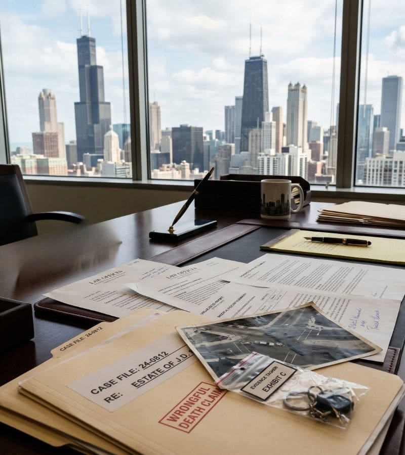 A close-up of a lawyer's desk covered with legal documents, a case file prominently stamped "WRONGFUL DEATH CLAIM," a black-and-white intersection photo, and bagged keys marked as evidence. A generic "Attorney at Law" nameplate sits on the desk, with large windows displaying a bright Chicago skyline in the background.