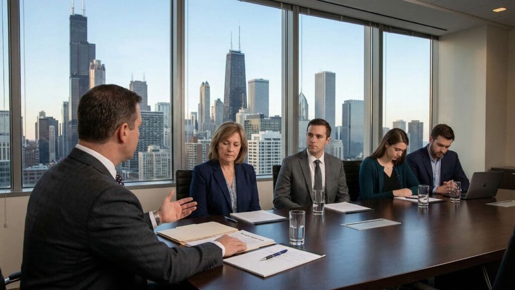 A grieving family of four adults sits around a dark wood conference table, meeting with a lawyer whose back is to the camera. The family appears somber and focused while reviewing legal documents. In the background, floor-to-ceiling windows provide an expansive view of the Chicago skyline, including the Willis Tower and John Hancock Center.